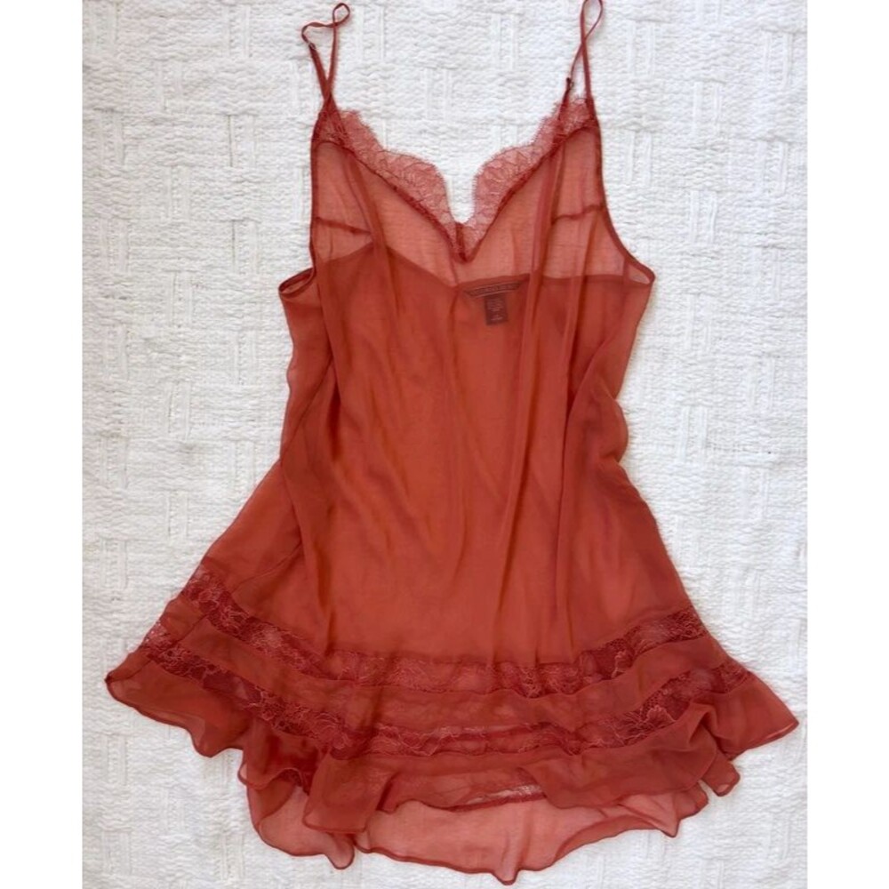 Victoria's Secret Sexy Sheer Lace Tiered Ruffle Slip Dress Chemise Coral L